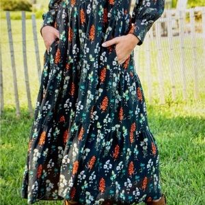 NATURAL LIFE Florence Maxi Dress Charcoal Bouquet L Shirt Dress Long Boho Rayon